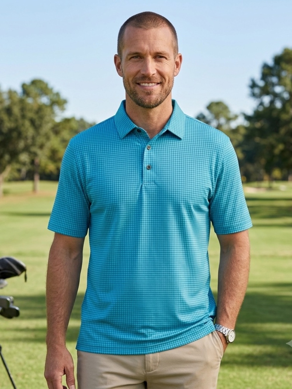 Grand Slam Performance Plaid Teal Polo Shirt size large.